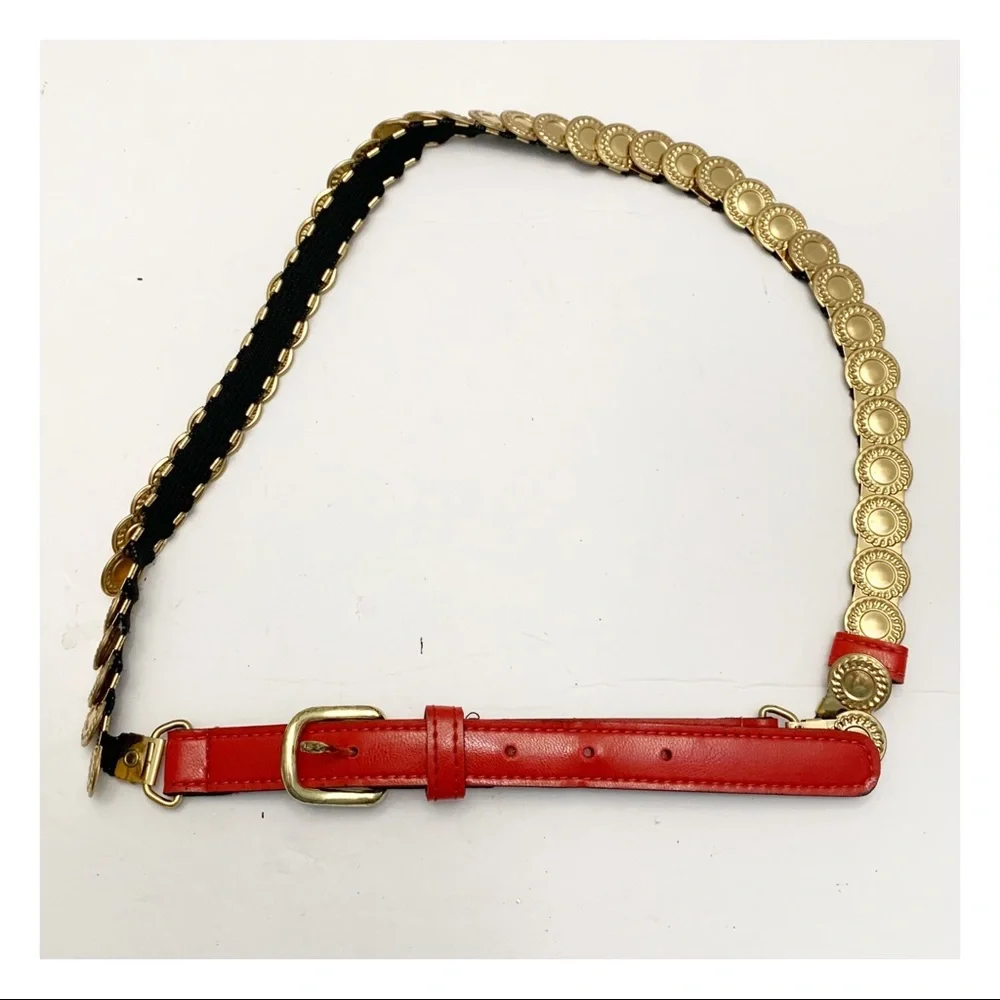 Vintage stretchy red and gold concho coin belt retro 1980s